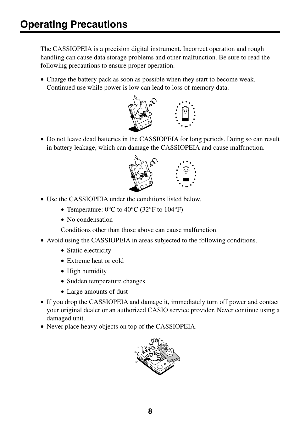 Operating precautions | Casio Cassiopeia EM-500 User Manual | Page 8 / 45