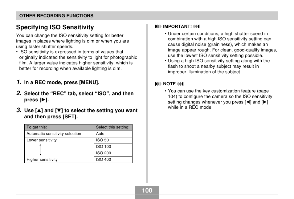Specifying iso sensitivity | Casio EXILIM EX-Z55 User Manual | Page 100 / 208