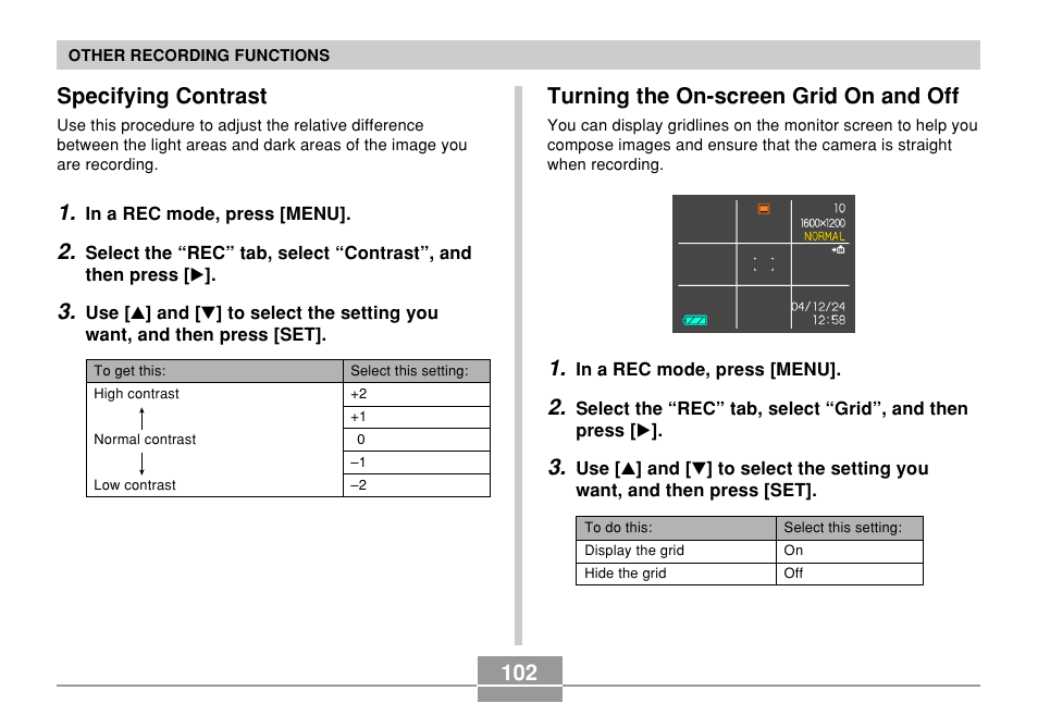 Specifying contrast, Turning the on-screen grid on and off | Casio EXILIM EX-Z55 User Manual | Page 102 / 208