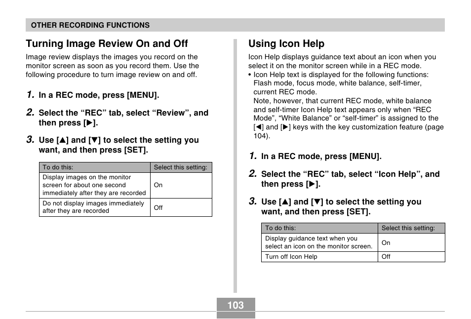 Turning image review on and off, Using icon help | Casio EXILIM EX-Z55 User Manual | Page 103 / 208