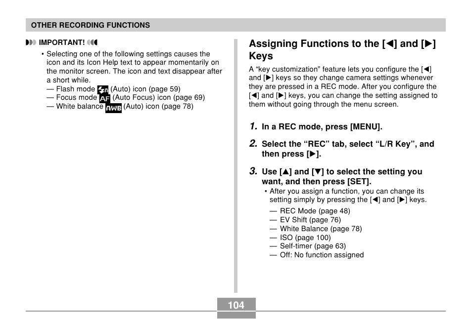 Assigning functions to the [<] and [>] keys, Assigning functions to the [ ̇ ] and [ ̈ ] keys | Casio EXILIM EX-Z55 User Manual | Page 104 / 208
