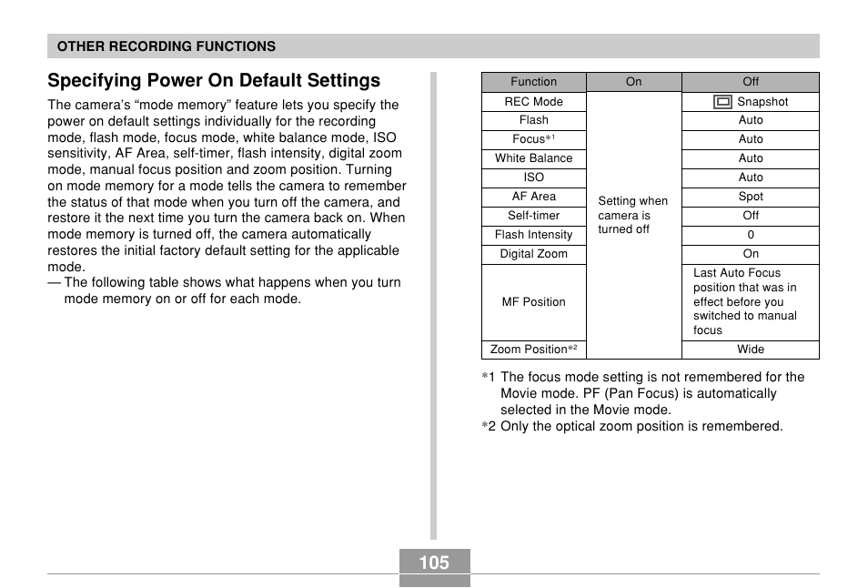 Specifying power on default settings | Casio EXILIM EX-Z55 User Manual | Page 105 / 208