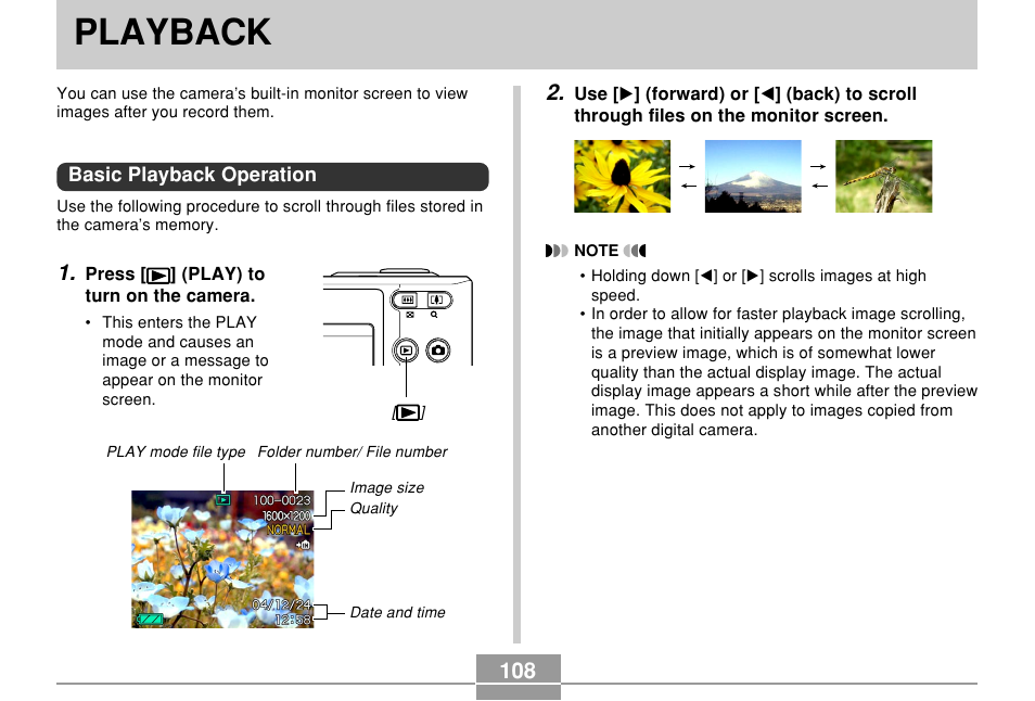 Playback, Basic playback operation | Casio EXILIM EX-Z55 User Manual | Page 108 / 208