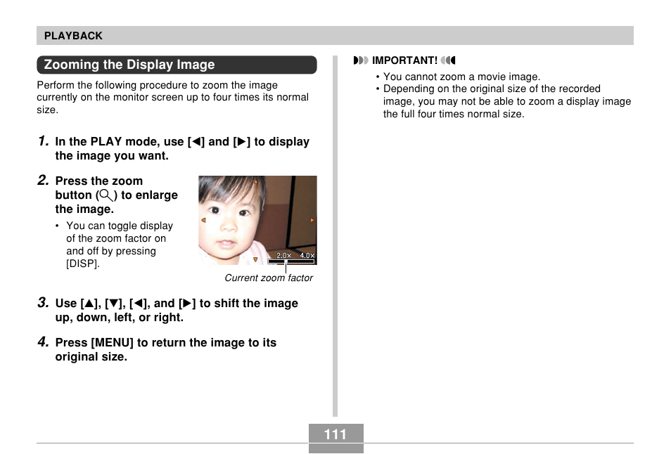 Zooming the display image | Casio EXILIM EX-Z55 User Manual | Page 111 / 208
