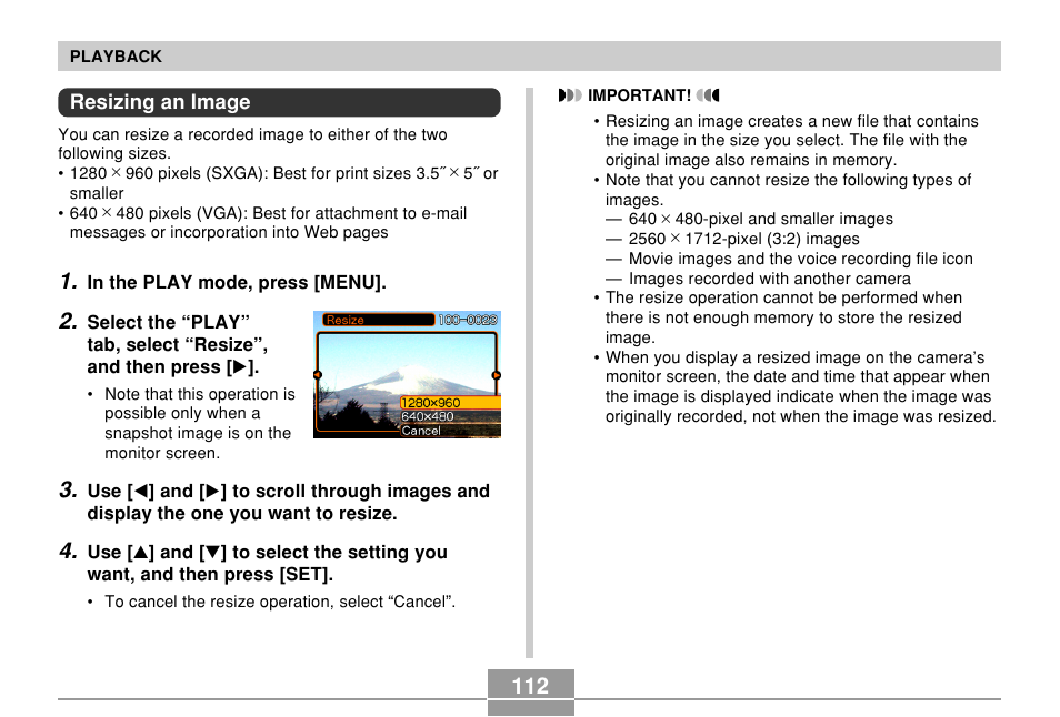 Resizing an image | Casio EXILIM EX-Z55 User Manual | Page 112 / 208