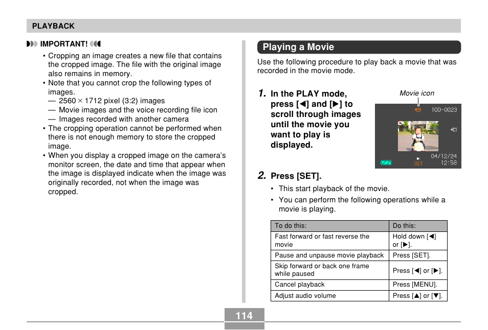 Playing a movie | Casio EXILIM EX-Z55 User Manual | Page 114 / 208