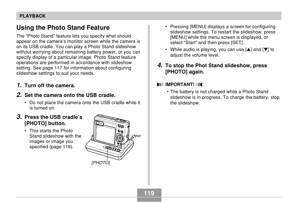 Using the photo stand feature | Casio EXILIM EX-Z55 User Manual | Page 119 / 208