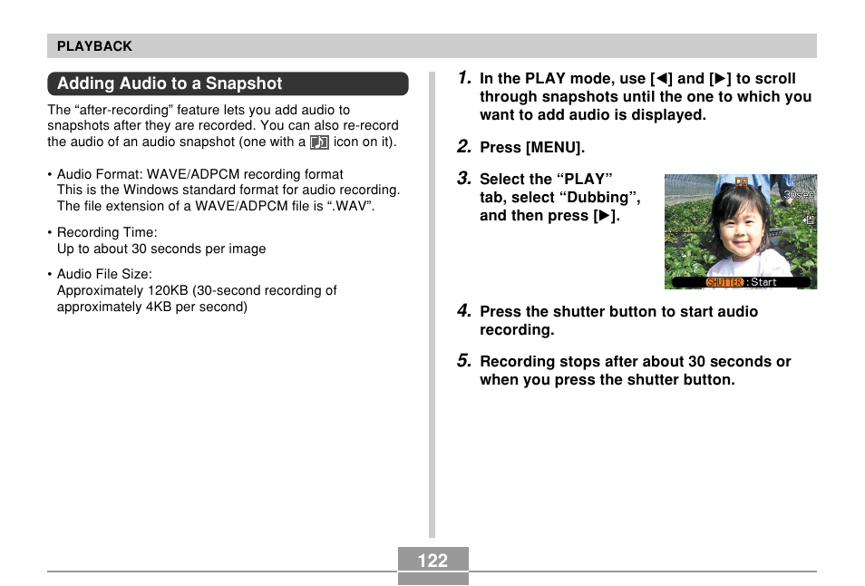 Adding audio to a snapshot | Casio EXILIM EX-Z55 User Manual | Page 122 / 208