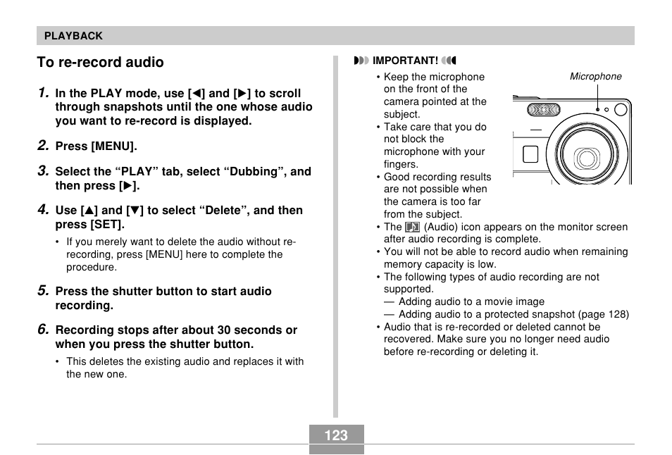 To re-record audio | Casio EXILIM EX-Z55 User Manual | Page 123 / 208