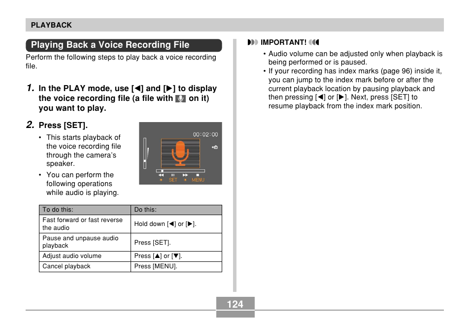 Playing back a voice recording file | Casio EXILIM EX-Z55 User Manual | Page 124 / 208
