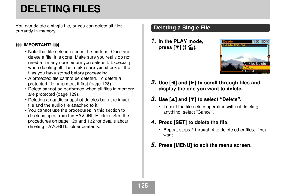Deleting files, Deleting a single file | Casio EXILIM EX-Z55 User Manual | Page 125 / 208