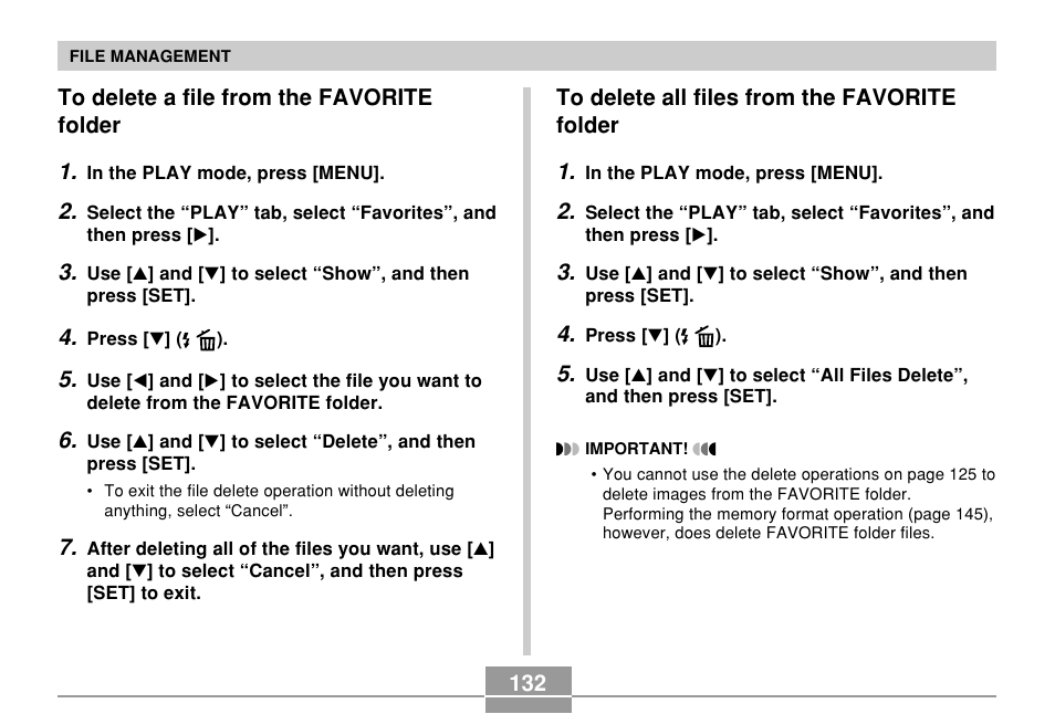 To delete a file from the favorite folder, To delete all files from the favorite folder | Casio EXILIM EX-Z55 User Manual | Page 132 / 208