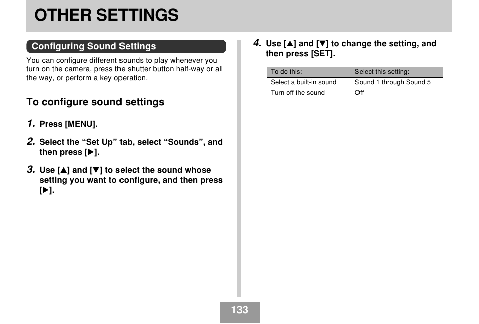 Other settings, Configuring sound settings, To configure sound settings | Casio EXILIM EX-Z55 User Manual | Page 133 / 208