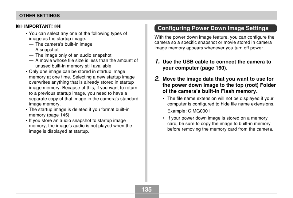 Configuring power down image settings | Casio EXILIM EX-Z55 User Manual | Page 135 / 208