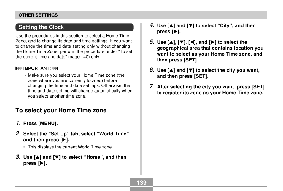 Setting the clock, To select your home time zone | Casio EXILIM EX-Z55 User Manual | Page 139 / 208