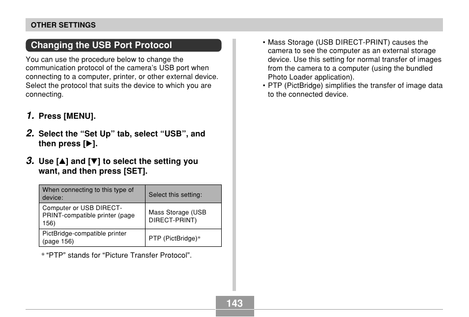 Changing the usb port protocol | Casio EXILIM EX-Z55 User Manual | Page 143 / 208