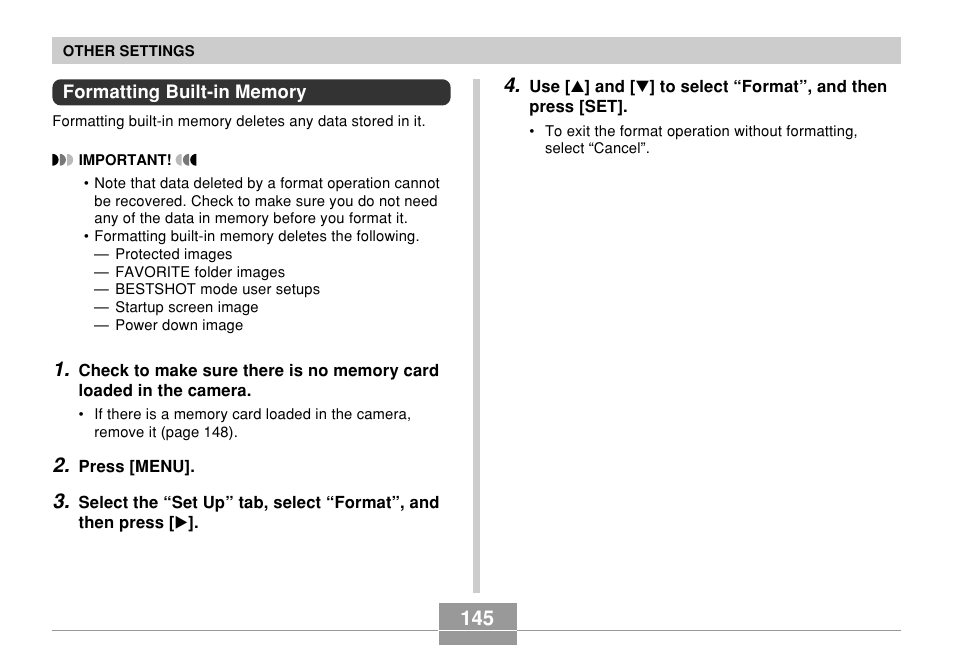 Formatting built-in memory | Casio EXILIM EX-Z55 User Manual | Page 145 / 208