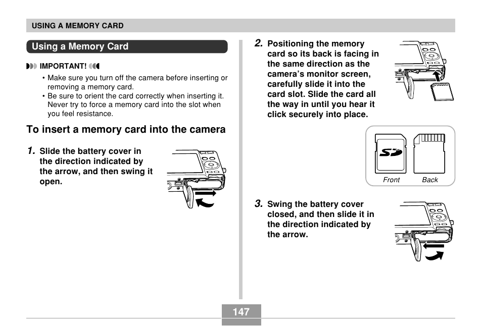 Using a memory card, To insert a memory card into the camera | Casio EXILIM EX-Z55 User Manual | Page 147 / 208