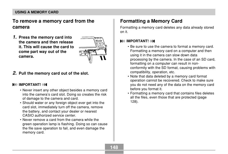 To remove a memory card from the camera, Formatting a memory card | Casio EXILIM EX-Z55 User Manual | Page 148 / 208
