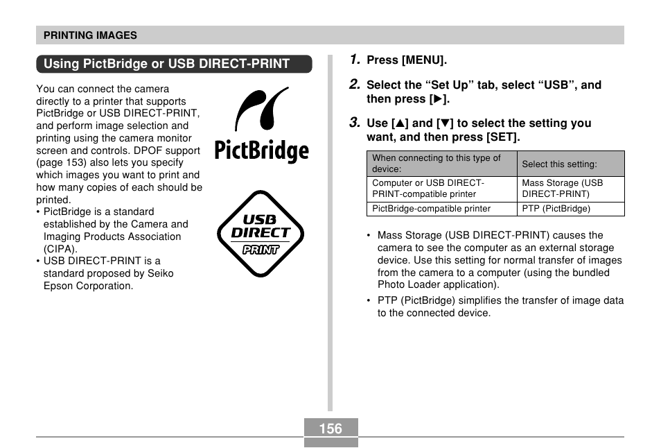 Using pictbridge or usb direct-print | Casio EXILIM EX-Z55 User Manual | Page 156 / 208