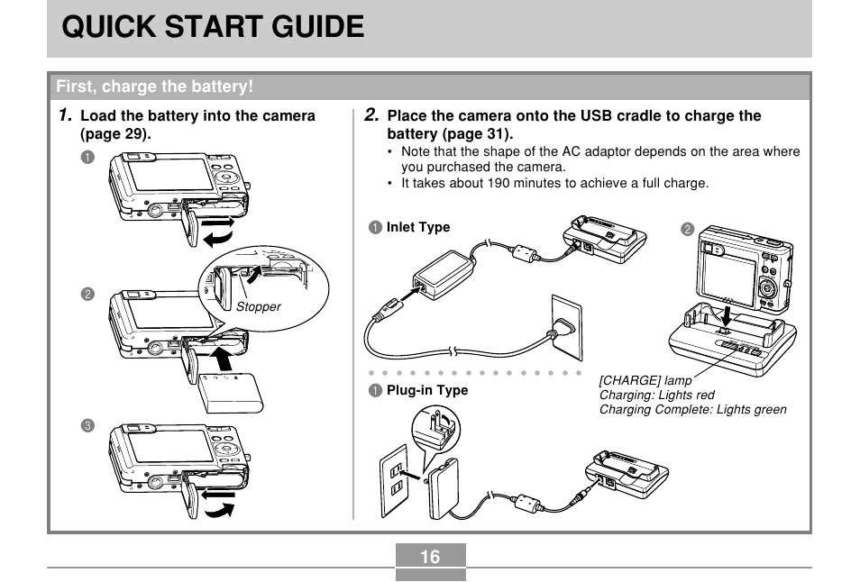 Quick start guide, First, charge the battery, Load the battery into the camera (page 29) | Casio EXILIM EX-Z55 User Manual | Page 16 / 208