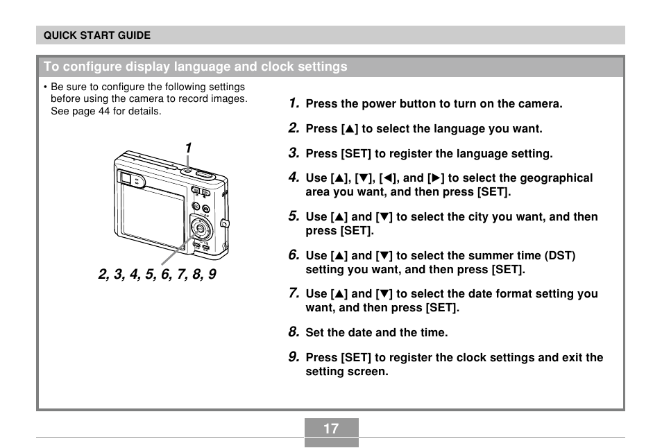 To configure display language and clock settings | Casio EXILIM EX-Z55 User Manual | Page 17 / 208