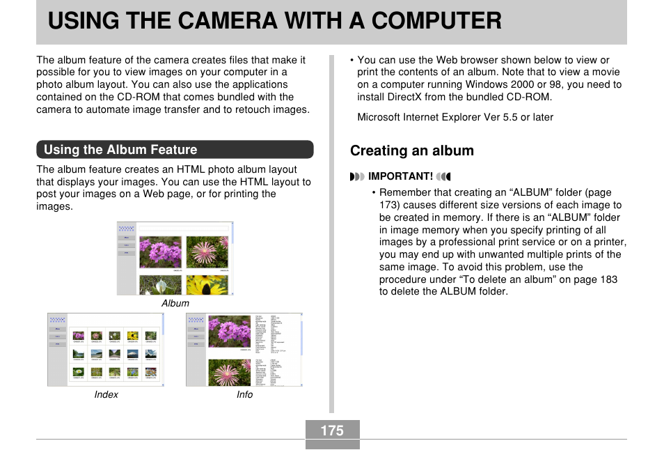 Using the camera with a computer, Using the album feature, Creating an album | 175 creating an album | Casio EXILIM EX-Z55 User Manual | Page 175 / 208