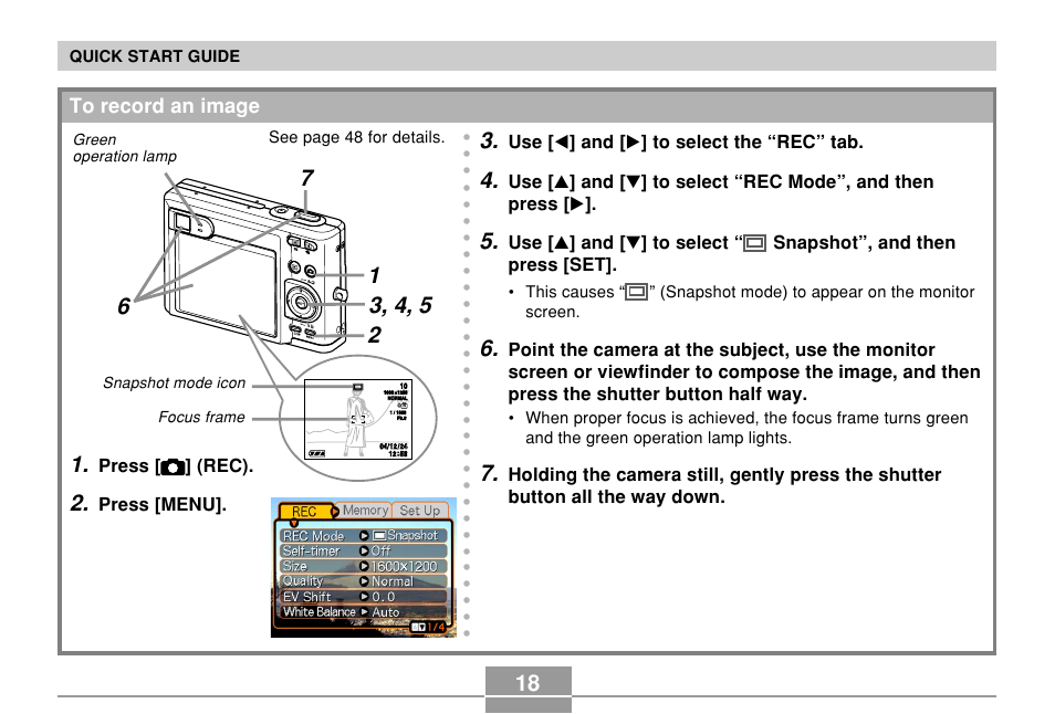 To record an image, Press [ ] (rec), Press [menu | Use [ ̇ ] and [ ̈ ] to select the “rec” tab | Casio EXILIM EX-Z55 User Manual | Page 18 / 208