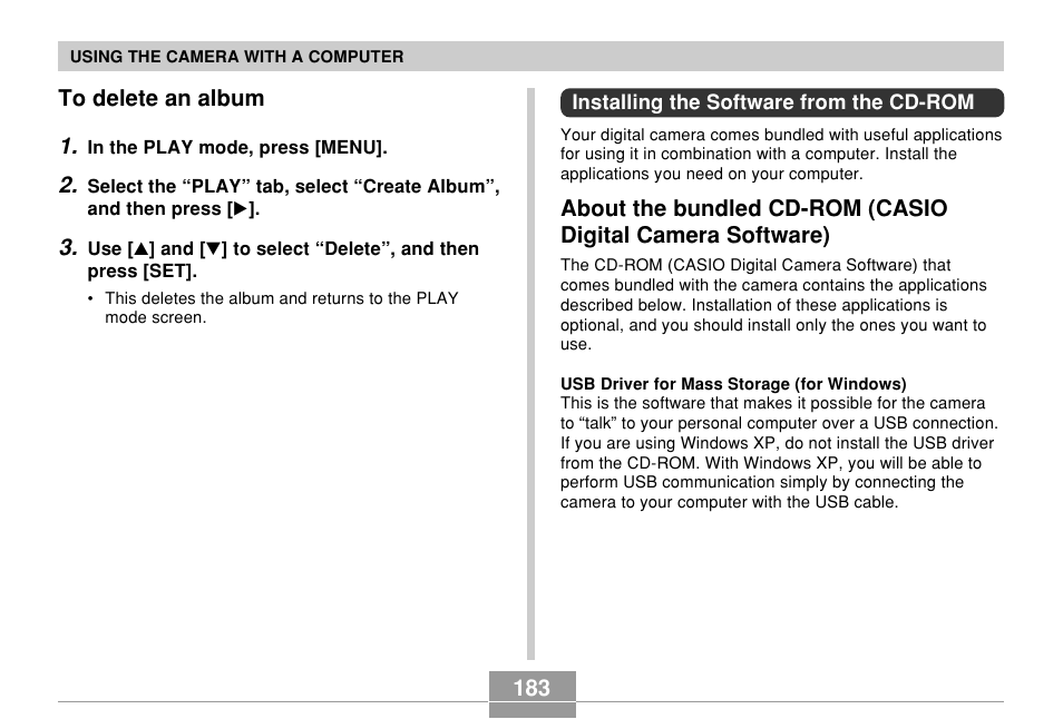 To delete an album, Installing the software from the cd-rom | Casio EXILIM EX-Z55 User Manual | Page 183 / 208