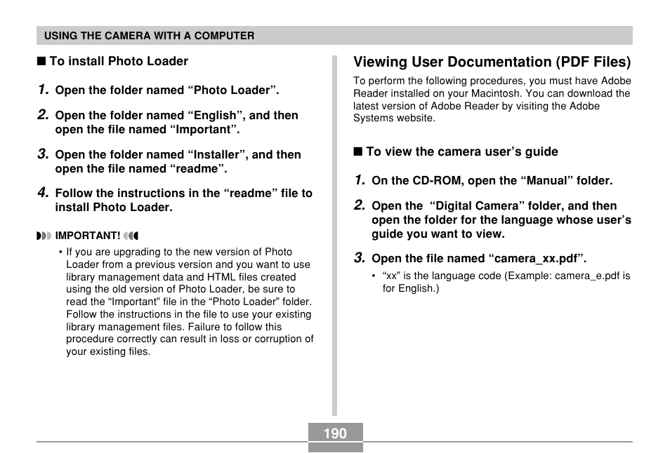 Viewing user documentation (pdf files) | Casio EXILIM EX-Z55 User Manual | Page 190 / 208