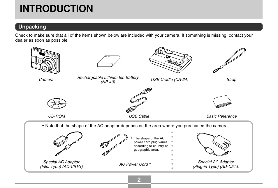 Introduction, Unpacking | Casio EXILIM EX-Z55 User Manual | Page 2 / 208