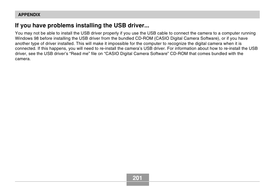 If you have problems installing the usb driver | Casio EXILIM EX-Z55 User Manual | Page 201 / 208