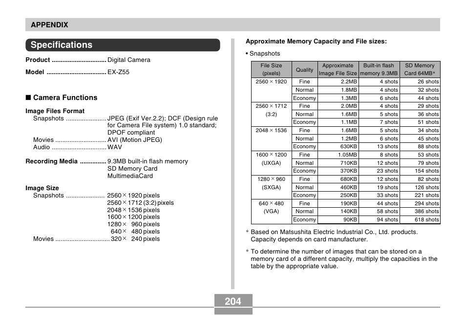 Specifications | Casio EXILIM EX-Z55 User Manual | Page 204 / 208