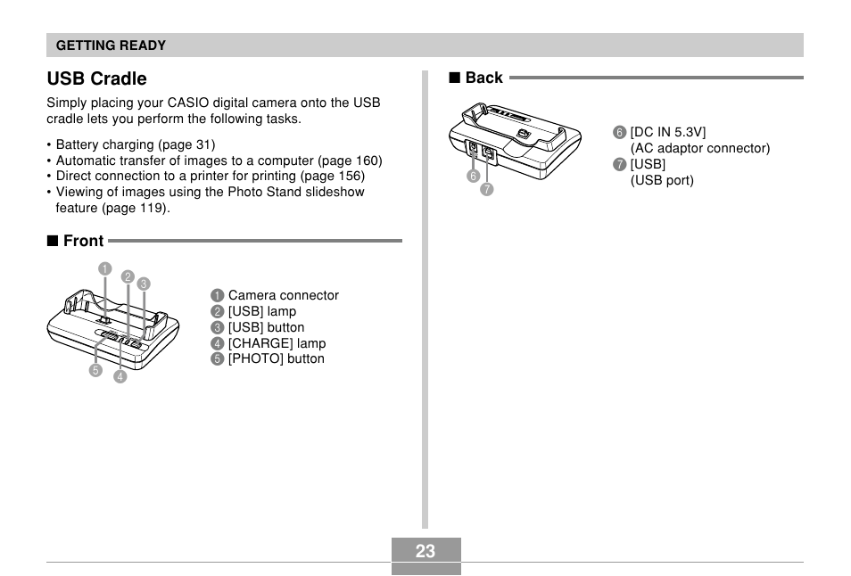 Usb cradle, 23 usb cradle | Casio EXILIM EX-Z55 User Manual | Page 23 / 208