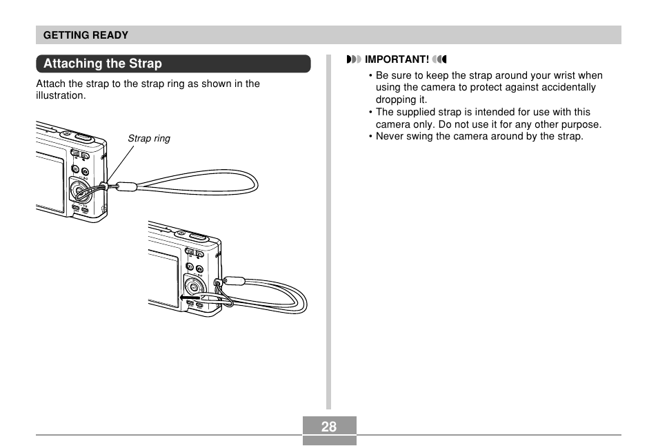 Attaching the strap | Casio EXILIM EX-Z55 User Manual | Page 28 / 208