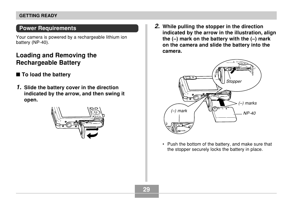 Power requirements, Loading and removing the rechargeable battery | Casio EXILIM EX-Z55 User Manual | Page 29 / 208