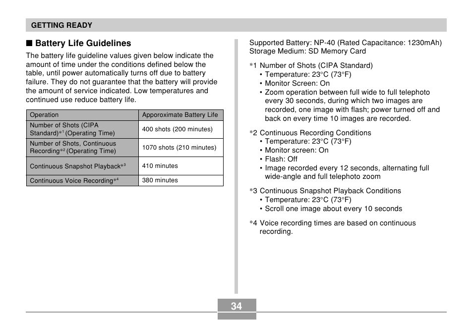 Battery life guidelines | Casio EXILIM EX-Z55 User Manual | Page 34 / 208