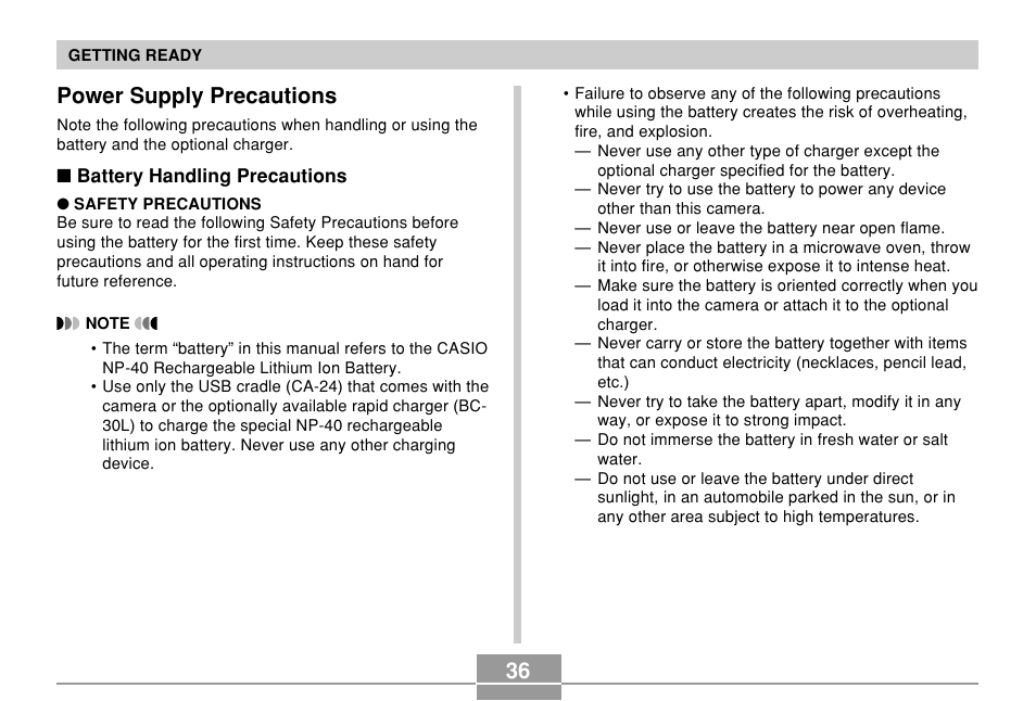 Power supply precautions, 36 power supply precautions | Casio EXILIM EX-Z55 User Manual | Page 36 / 208