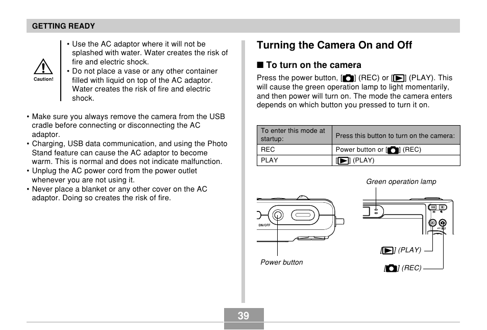 Turning the camera on and off | Casio EXILIM EX-Z55 User Manual | Page 39 / 208