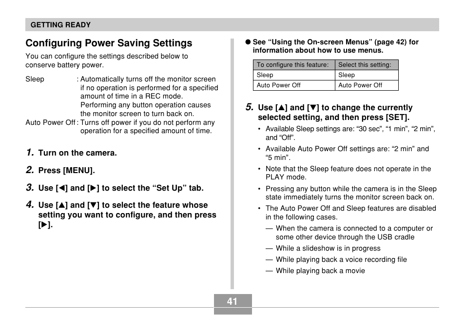 Configuring power saving settings, 41 configuring power saving settings | Casio EXILIM EX-Z55 User Manual | Page 41 / 208