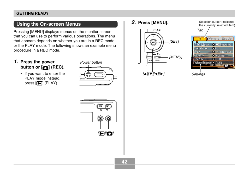 Using the on-screen menus | Casio EXILIM EX-Z55 User Manual | Page 42 / 208