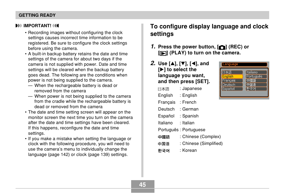 To configure display language and clock settings | Casio EXILIM EX-Z55 User Manual | Page 45 / 208