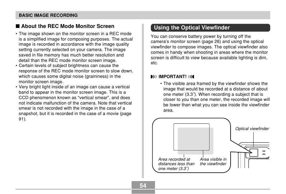 Using the optical viewfinder | Casio EXILIM EX-Z55 User Manual | Page 54 / 208