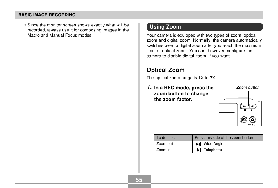 Using zoom, Optical zoom | Casio EXILIM EX-Z55 User Manual | Page 55 / 208
