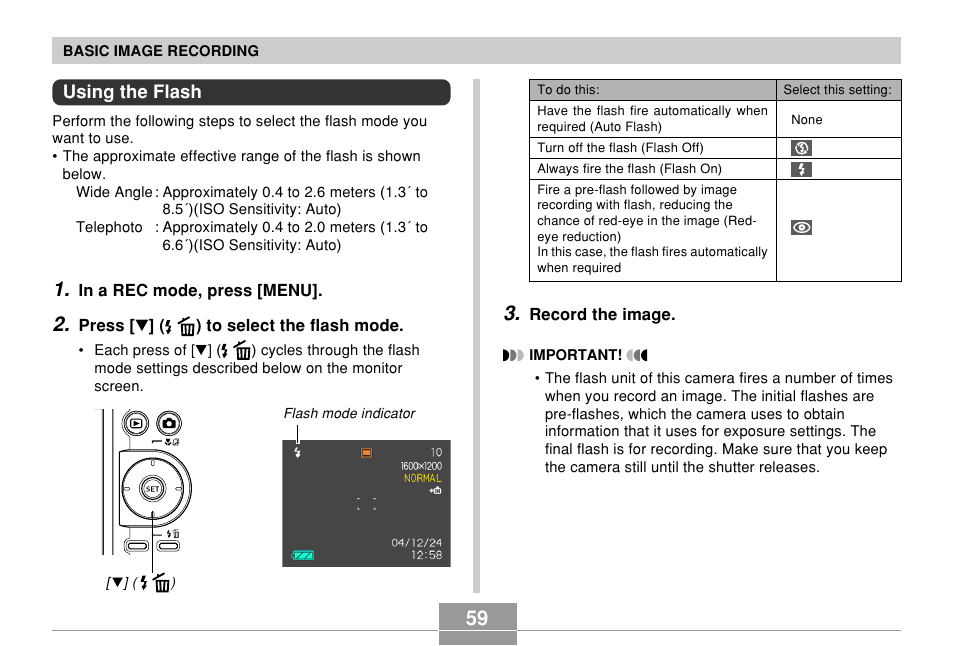 Using the flash | Casio EXILIM EX-Z55 User Manual | Page 59 / 208