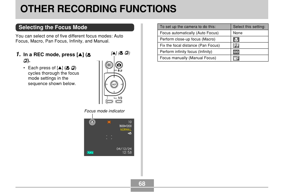 Other recording functions, Selecting the focus mode | Casio EXILIM EX-Z55 User Manual | Page 68 / 208