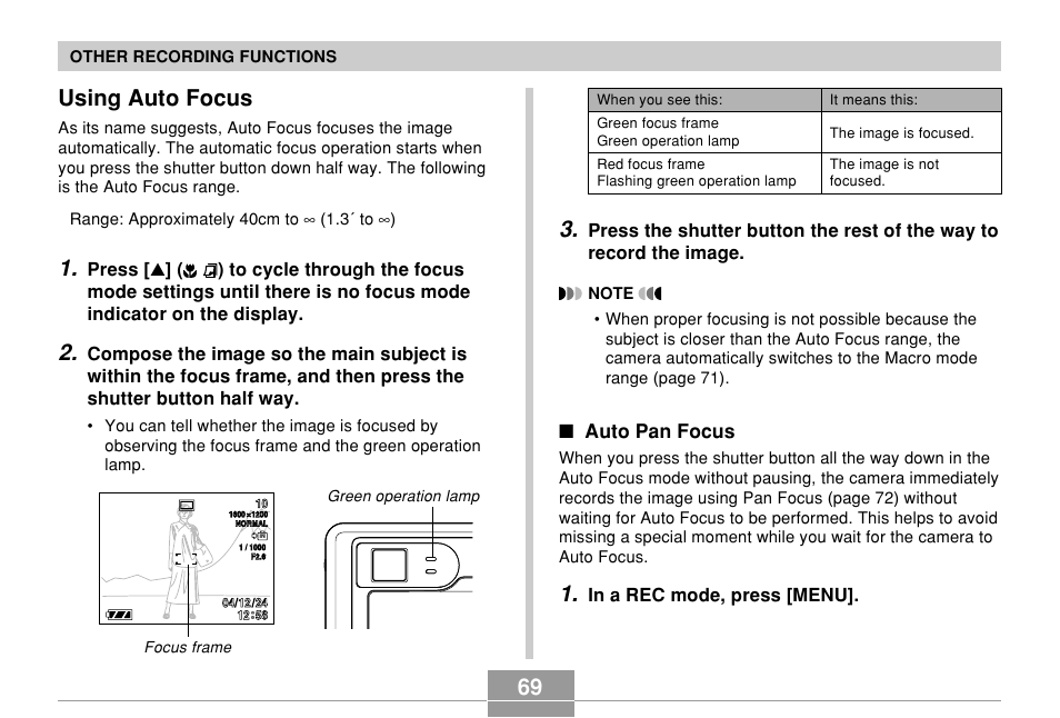 Using auto focus, Auto pan focus | Casio EXILIM EX-Z55 User Manual | Page 69 / 208