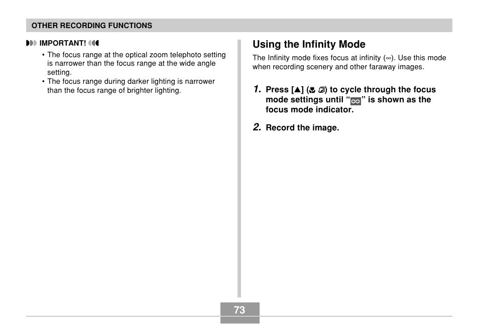 Using the infinity mode | Casio EXILIM EX-Z55 User Manual | Page 73 / 208