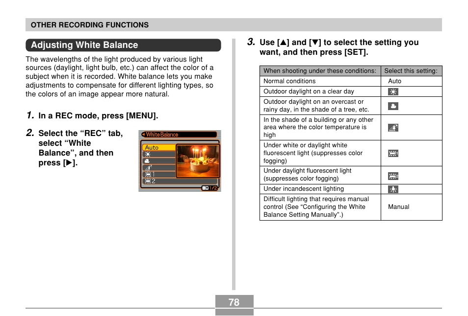 Adjusting white balance | Casio EXILIM EX-Z55 User Manual | Page 78 / 208