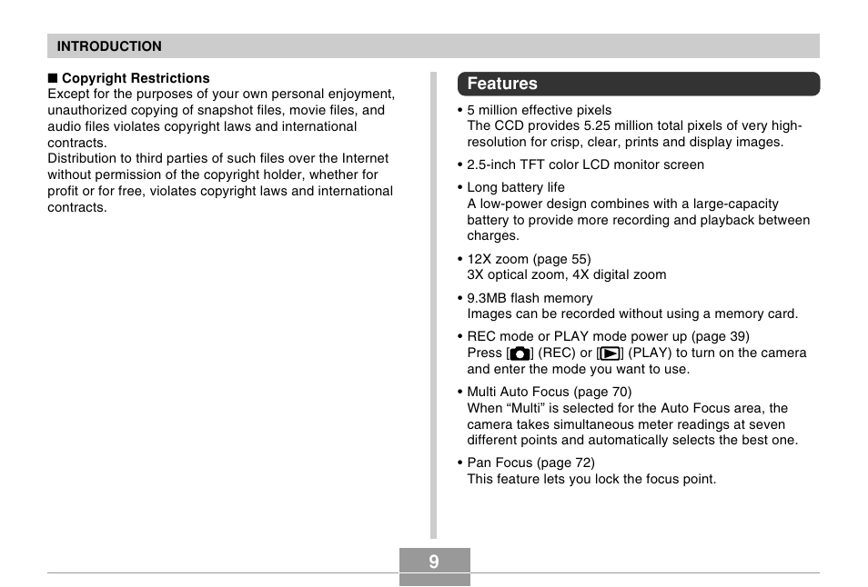 Features | Casio EXILIM EX-Z55 User Manual | Page 9 / 208